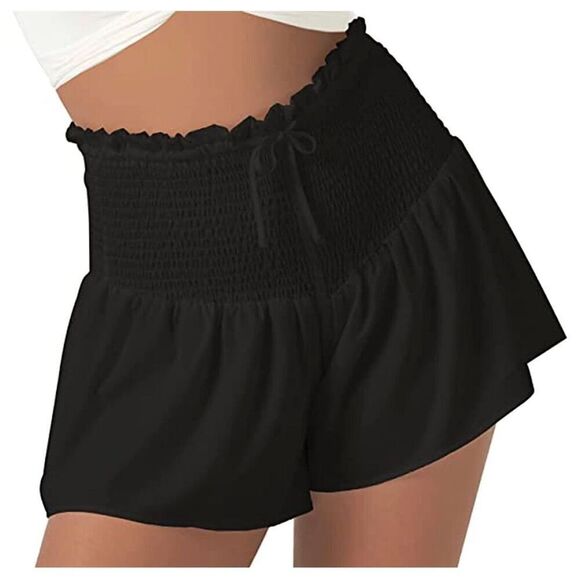 NEW comfy High Waisted Shorts Black Ruched L - Picture 1 of 4